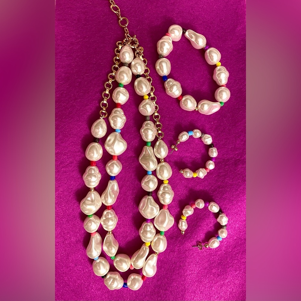 J Crew Rainbow Bead Pearl Necklace, Bracelet, Earrings Set, never worn